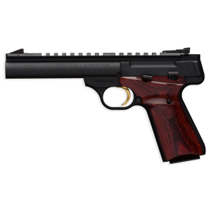 Browning 051528490 Buck Mark Field Target 22 LR 10+1 5.50 in Matte Blued Heavy Bull Barrel, Matte Black Serrated w/Picatinny Rail Slide & Aluminum Frame w/Laminate Cocobolo Target Grip, Pistol