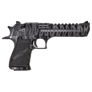 Magnum Research DE50BTS Desert Eagle Mark XIX 50 AE 7+1, 6 in Black w/Tiger Stripes Carbon Steel w/Picatinny Rail Barrel, Serrated Carbon Steel Slide & Frame w/Beavertail, Black Polymer Grip, Safety, Right Hand, Pistol