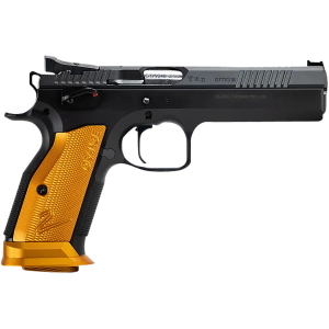 CZ-USA 91266 TS 2 9mm Luger 20+1 5.28 Stainless Bull Barrel, Black Serrated Steel Slide, Black Polycoat Steel Frame w/Beavertail, Orange Checkered Aluminum Grip, Pistol