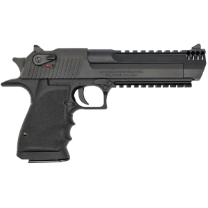Magnum Research DE50L6IMB Desert Eagle Mark XIX L6 50 AE 7+1, 6 Blk  w/Integral Muzz Brake & Pic Rail BBL, Blk Serrated Carbon  Slide, Blk Anodized Alum Frame w/Beavertail & Pic Rail, Blk Hogue Finger Grooved Grip, , Pistol