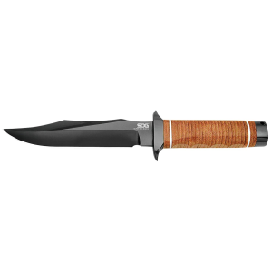 S.O.G SOGSB1TL Super SOG 7.50 in Fixed Bowie Plain Black Hardcased TiCN AUS-8A SS Blade Brown Stacked Leather Washers w/Cross Guard Handle Includes Sheath, Knife