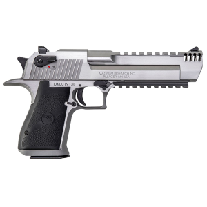 Magnum Research DE50SRMB Desert Eagle Mark XIX 50 AE 7+1, 6 in Stainless Stainless Steel w/Muzzle Brake & Picatinny Rail Barrel, Serrated Stainless Steel Slide & Frame w/Beavertail & Picatinny Rail, Black Rubber Grip, Safety, Right Hand, Pistol