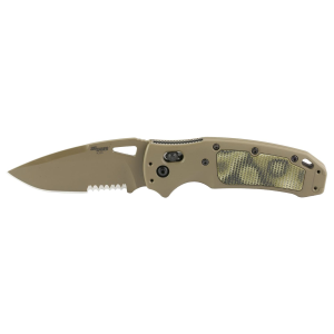 Hogue SIG K320 AXG Scorpion, Folding Knife, Cerakote Finish, Tan, Drop Point, 3.5 in Blade Length, CPM-S30V Blade Steel, Combo Edge, ABLE Lock, Green G-10 Inserts with Mini Piranha Texture 36378