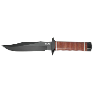 S.O.G SOGS1TL Bowie 2.0 6.40 in Fixed Plain Clip Point Black Hardcased TiNi Full Tang AUS8 SS Blade/ Brown Stacked Leather Washers w/Cross Guard Handle, Knife