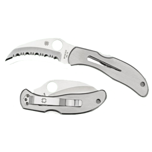 Spyderco C08S Harpy 2.75 in Folding Hawkbill Serrated VG-10 SS Blade Stainless Steel Handle Includes Pocket Clip, Knife