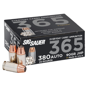 Sig Sauer E380A136520 Elite Performance 365 380ACP 90gr V-Crown Jacketed Hollow Point 20 Per Box/10 Case Centerfire, Handgun Ammunition
