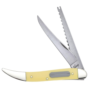 Case 00120 Fishing 3.40 in Folding Clip/Fish Scaler Plain/Serrated Tumble Polish Tru-Sharp SS Blade/ Yellow Synthetic Handle, Knife