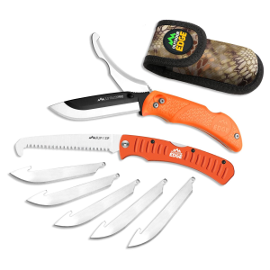 Outdoor Edge Razor Pro, Folding Knife and Saw Combo, Plain Edge, 3.5 in Blades, 420J2 Stainless Steel, Orange Handle, Includes (6) Drop Point Blades and Gut Blade ROC-30C