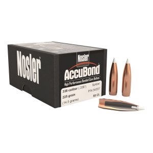 Nosler 54357 AccuBond 338Cal 225gr Spitzer Point 50/Box, Reloating Bullets