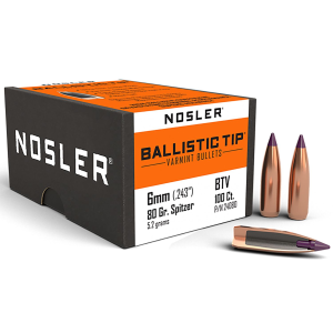 Nosler 24080 Ballistic Tip 6mm 80gr Spitzer Point 100/Box, Reloating Bullets