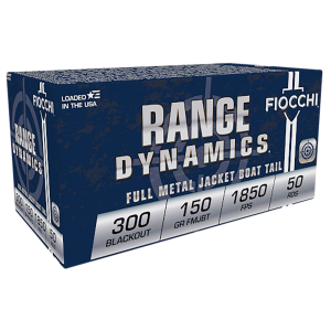 Fiocchi 300BLKC Range Dynamics 300Blackout 150gr Full Metal Jacket Boat Tail 50 Per Box/10 Case Centerfire, Rifle Ammunition