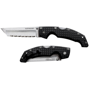 Cold Steel CS29ATS Voyager Large 4 in Folding Tanto Serrated Stonewashed AUS-10A SS Blade/5.25 in Black Textured Griv-Ex w/Aluminum Liners Handle Includes Belt Clip - Cold Steel