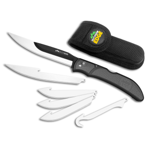 Outdoor Edge Razorwork, Folding Knife, Plain Edge, Black Oxide Finish, 420J2 Stainless Steel, Gray Handle, Includes (2) Boning/Filet Knives, (3) Drop-Point Blades, and (1) Gutting Blade RBY-10C