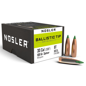 Nosler 30168 Ballistic Tip 30Caliber 168gr Spitzer 50/Box, Reloating Bullets