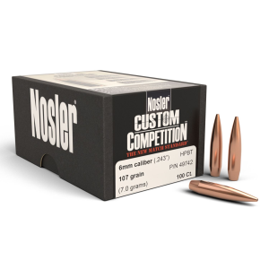 Nosler 49742 Custom Competition 6mm 107gr Hollow Point Boat Tail 100/Box, Reloating Bullets