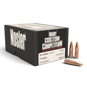 Nosler 22421 Custom Competition 22Cal 77gr Hollow Point Boat Tail 100/Box, Reloating Bullets