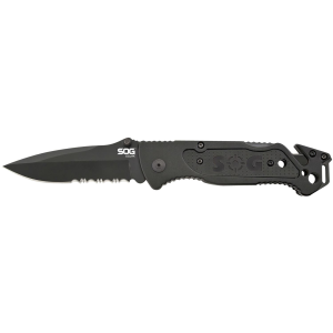 S.O.G SOGFF25CP Escape 3.40 in Folding Clip Point Part Serrated Black Hardcased 9Cr18MoV SS Blade Black Anodized Aluminum Handle Includes Belt Clip, Knife