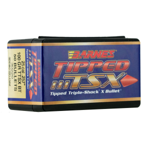 Barnes 30220 Tipped TSX 25Cal 100gr TTSX Boat Tail 50/Box, Reloating Bullets