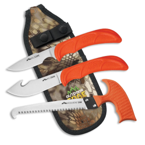 Outdoor Edge WG10C WildGuide Fixed Caper/Saw/Skinner w/Gut Hook Satin 420J2 SS Blades, Blaze Orange Textured TPR Handle