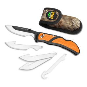 Outdoor Edge Razorcape, Folding Knife, Plain Edge, 3 in Blades, Black Oxide Finish, 420J2 Stainless Steel, Orange Handle, Includes (2) Caping Blades, (2) Drop Point Blades, and (1) Gutting Blade RCB30-10C