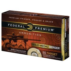 Federal GM65CRDBH1 Premium Gold Medal 6mmCreedmoor 105gr Berger Hybrid Open Tip Match 20 Per Box/10 Case Centerfire, Rifle Ammunition