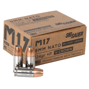 Sig Sauer E9MMA2PM1720 Military Grade M17 9mmLuger+P 124gr V-Crown Jacketed Hollow Point 20 Per Box/10 Case Centerfire, Handgun Ammunition