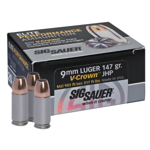 Sig Sauer E9MMA320 Elite Performance 9mmLuger 147gr V-Crown Jacketed Hollow Point 20 Per Box/10 Case Centerfire, Handgun Ammunition