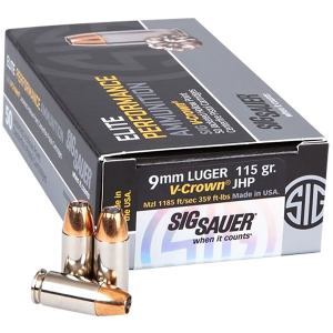 Sig Sauer E9MMA1COMP50 Match Elite Competition 9mmLuger 115gr V-Crown Jacketed Hollow Point 50 Per Box/20 Case Centerfire, Handgun Ammunition