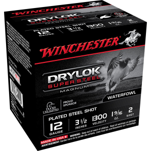 Winchester XSM12L2 Drylok Super Steel Magnum 12Gauge 3.50 in 1 9/16oz 2Shot 25 Per Box/10 Case, Shotgun Shells