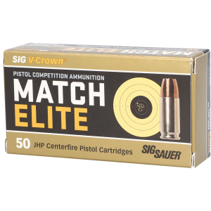 Sig Sauer E9MMA3COMP50 Match Elite Competition 9mmLuger 147gr V-Crown Jacketed Hollow Point 50 Per Box/20 Case Centerfire, Handgun Ammunition