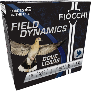 Fiocchi 16GT8 Field Dynamics Dove & Quail 16Gauge 2.75 in 1oz 8Shot 25 Per Box/10 Case, Shotgun Shells