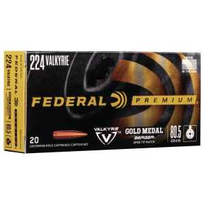 Federal GM224VLKBH2 Premium Gold Medal 224Valkyrie 80.5gr Berger Open Tip Match 20 Per Box/10 Case Centerfire, Rifle Ammunition
