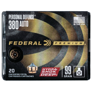 Federal P380HSD1 Premium Personal Defense 380ACP 99gr Hydra-Shok Deep Hollow Point 20 Per Box/10 Case Centerfire, Handgun Ammunition