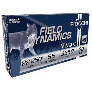 Fiocchi 22250HVD Field Dynamics 22-250Rem 55gr Hornady V Max 20 Per Box/10 Case Centerfire, Rifle Ammunition