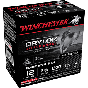 Winchester XSM124 Drylok Super Steel Magnum 12Gauge 2.75 in 1 1/4oz 4Shot 25 Per Box/10 Case, Shotgun Shells