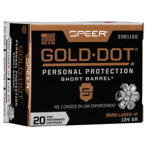 Speer 23611GD Gold Dot Personal Protection Short Barrel 9mmLuger+P 124gr Hollow Point 20 Per Box/10 Case Centerfire, Handgun Ammunition