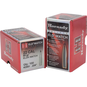 Hornady 22831 ELD Match 22 Cal .224 80 gr Extremely Low Drag Match 100 Per Box/ 25 Case, Reloating Bullets