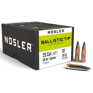 Nosler 25115 Ballistic Tip 25Cal 115gr Spitzer Point 50/Box, Reloating Bullets