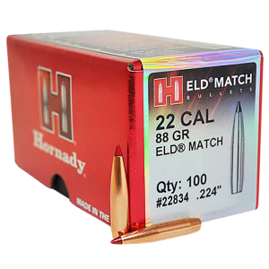Hornady 22834 ELD Match 22 Cal .224 88 gr Extremely Low Drag Match 100 Per Box/ 25 Case, Reloating Bullets