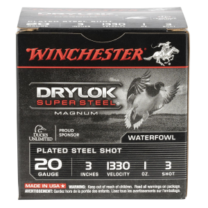 Winchester XSM2033 Drylok Super Steel Magnum 20Gauge 3 in 1oz 3Shot 25 Per Box/10 Case, Shotgun Shells