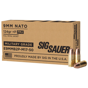 Sig Sauer E9MMB2PM1750 Military Grade M17 9mmLuger+P 124gr Full Metal Jacket 50 Per Box/20 Case Centerfire, Handgun Ammunition