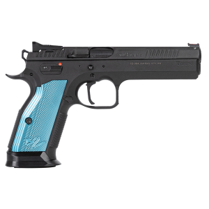 CZ-USA 91222 TS 2 40 S&W 17+1 5.28 in Black Steel Barrel, Black Serrated Steel Slide, Black Polycoat Steel Frame w/Beavertail, Blue Checkered Aluminum Grip, Pistol