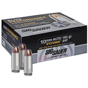 Sig Sauer E10MM120 Elite Performance 10mmAuto 180gr V-Crown Jacketed Hollow Point 20 Per Box/10 Case Centerfire, Handgun Ammunition