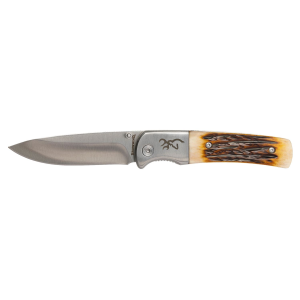 Browning 3220500B Buckmark Hunter 3 Fold Drop Point Plain Stonewashed 8Cr13MoV SS Blade/Jigged Bone Handle Boxed, Knife