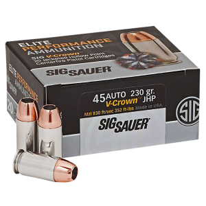 Sig Sauer E45AP220 Elite Performance 45ACP 230gr V-Crown Jacketed Hollow Point 20 Per Box/10 Case Centerfire, Handgun Ammunition