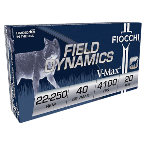 Fiocchi 22250HVB Field Dynamics 22-250Rem 40gr Hornady V Max 20 Per Box/10 Case Centerfire, Rifle Ammunition