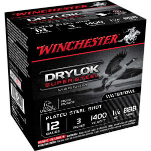 Winchester XSC123BBB Drylok Super Steel Magnum 12Gauge 3 in 1 1/4oz BBBShot 25 Per Box/10 Case, Shotgun Shells