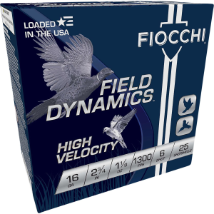 Fiocchi 16HV6 Field Dynamics High Velocity 16Gauge 2.75 in 1 1/8oz 6Shot 25 Per Box/10 Case, Shotgun Shells