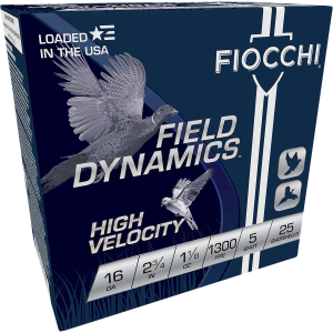 Fiocchi 16HV5 Field Dynamics High Velocity 16Gauge 2.75 in 1 1/8oz 5Shot 25 Per Box/10 Case, Shotgun Shells