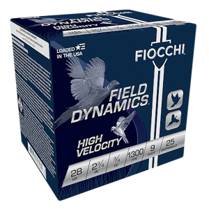 Fiocchi 28HV9 Field Dynamics High Velocity 28Gauge 2.75 in 3/4oz 9Shot 25 Per Box/10 Case, Shotgun Shells